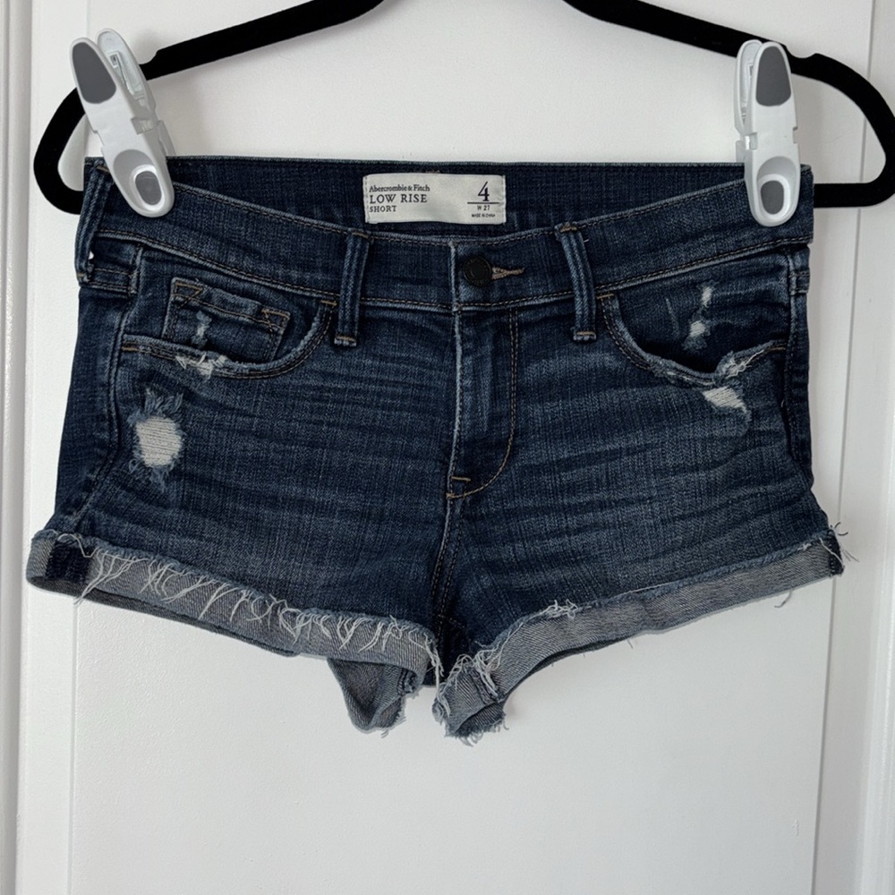 Abercrombie & Fitch Dark Blue Distressed Low-Rise Denim Shorts